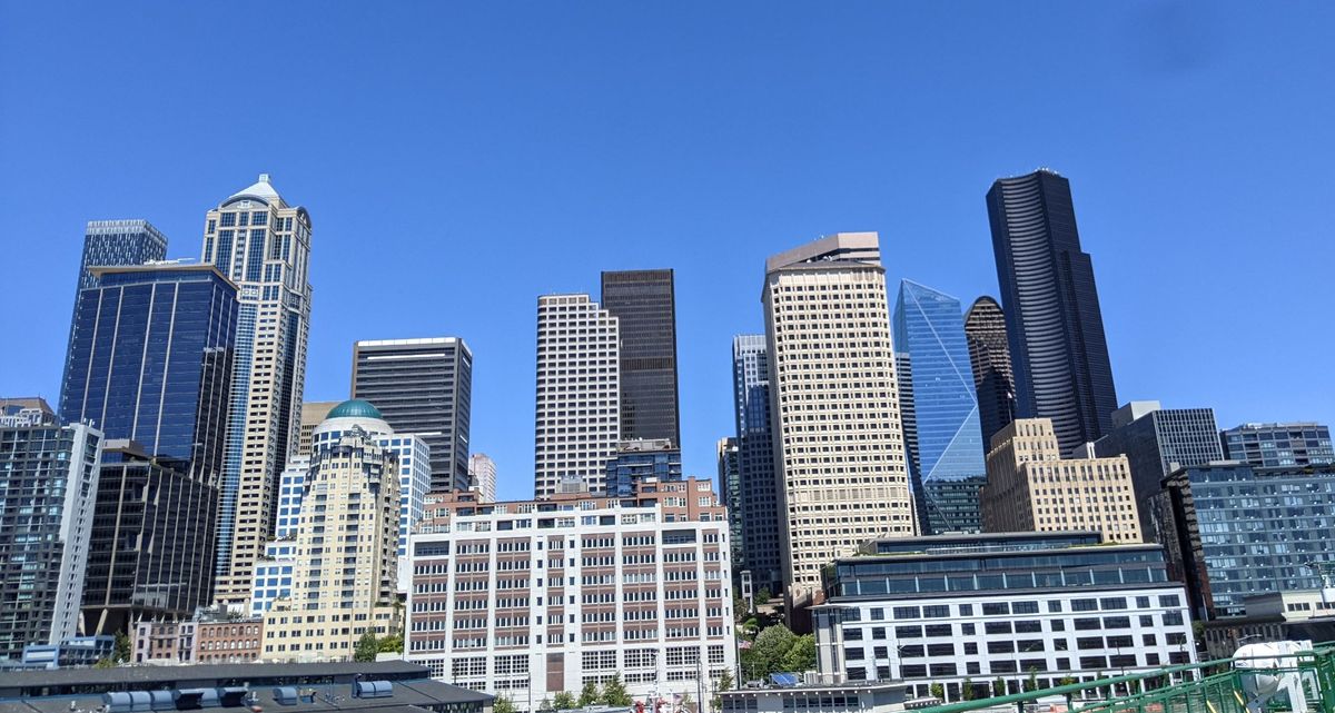 Downtown Seattle office towers against a clear sky