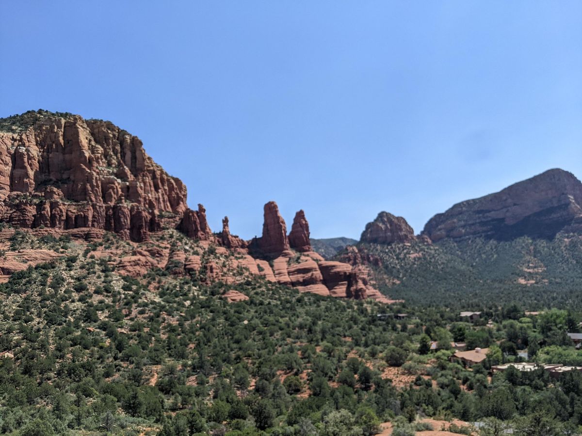 Red rock spires and desert green in Sedona, Arizona